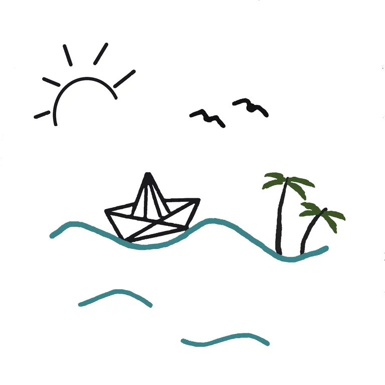 Firmenlogo - Eine gezeichnete Sonne mit einem Papierschiff, Wasserlinien, Palmen und zwei Vögeln